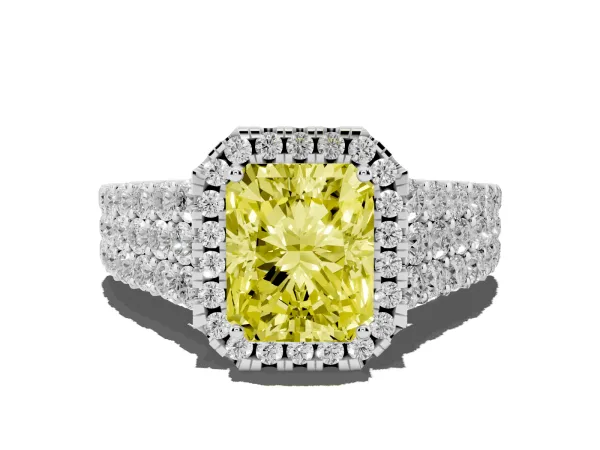 Fancy Yellow Radiant Cut Diamond Halo Engagement Ring with Triple Row Round Pavé Band and Prong Setting White gold