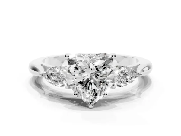 Three-Stone Heart Cut Brilliant Diamond Solitaire Ring with Tapered Band and Four-Prong Setting White gold