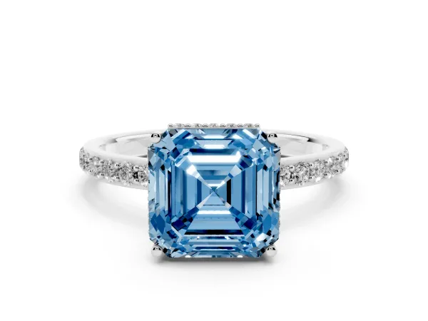 Fancy Blue Asscher Cut Diamond Solitaire Ring with Pavé Band and Hidden Halo White gold
