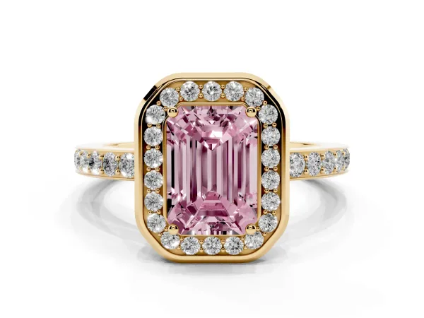 Fancy Pink Emerald Cut Diamond Halo Ring with Bezel Frame and Pavé Band Yellow gold