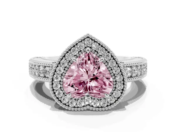 Fancy Pink Heart Cut Cut Halo Diamond Ring with Pavé Band and Four-Prong Setting Platinum
