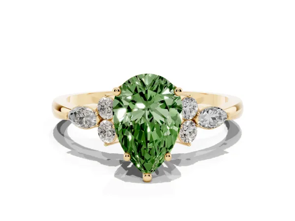 Fancy Green Pear Cut Brilliant Diamond Solitaire Ring with Pear Side Stones and Four-Prong Setting Yellow gold