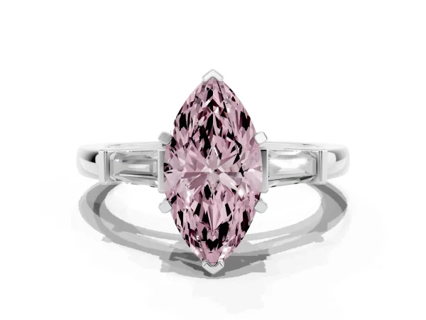 Fancy Pink Marquise Cut Cut Diamond Solitaire Ring with Tapered Baguette Accents and Four-Prong Setting White gold