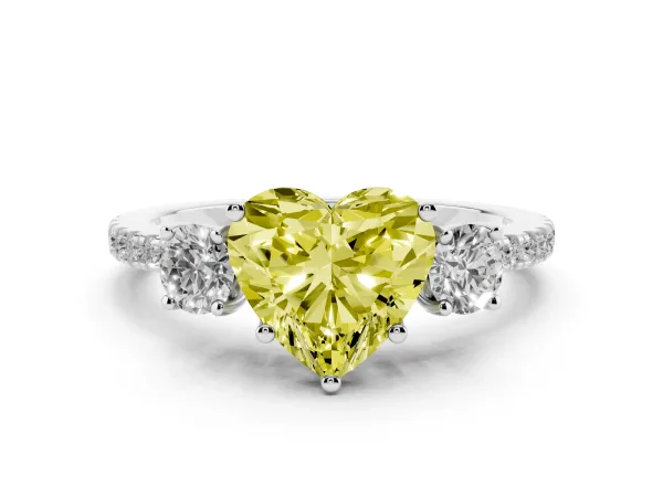 Fancy Yellow Three-Stone Heart Cut Cut Diamond Pavé Band with Prong Setting Platinum