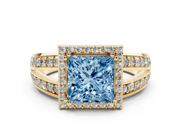 Fancy Blue Princess Cut Diamond Halo Ring with Split Shank Pavé Band and Four-Prong Setting Yellow gold