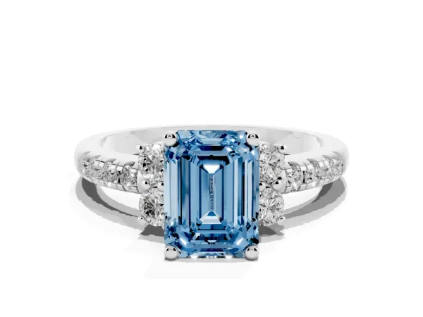 Fancy Blue Emerald Cut Diamond Three-Stone Pave Band with Four-Prong Setting White gold