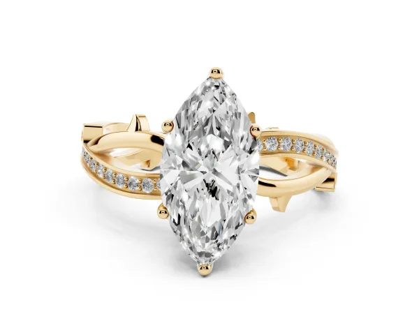 Marquise Cut Solitaire Twist Band with Pavé Accents and Four-Prong Setting Yellow gold