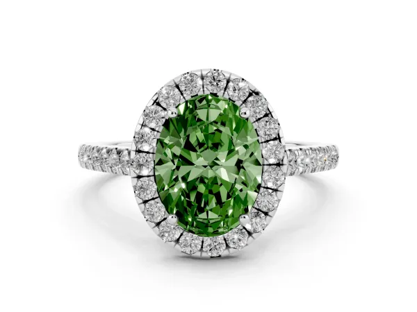 Fancy Green Oval Cut Halo Pave Diamond Engagement Ring with Four-Prong Setting Platinum