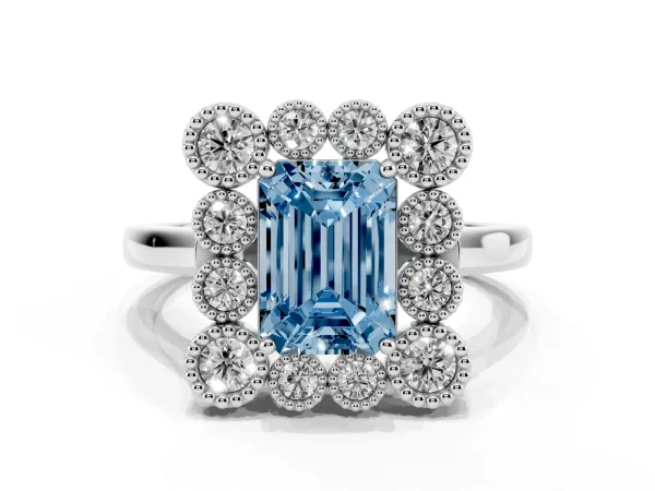 Fancy Blue Emerald Cut Halo Diamond Cluster Engagement Ring with Milgrain Bezel Setting and Solitaire Band White gold