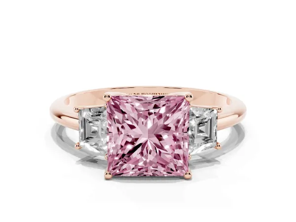 Fancy Pink Princess Cut Diamond Three-Stone Ring with Trapezoid Side Stones and Prong Setting Rose gold