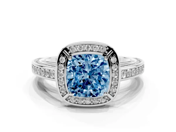 Fancy Blue Cushion Cut Cut Halo Pave Split Shank Prong Setting Ring Platinum