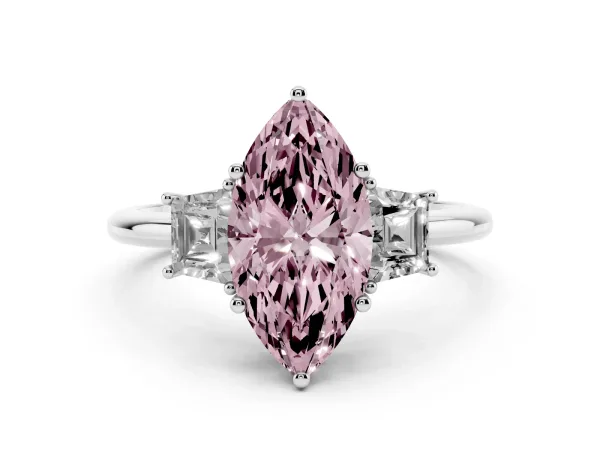 Fancy Pink Marquise Cut Diamond Three-Stone Ring with Trapezoid Side Stones and Prong Setting White gold
