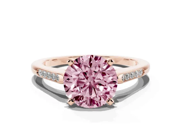Fancy Pink Round Cut Diamond Solitaire Ring with Channel Set Round Band and Prong Setting Rose gold