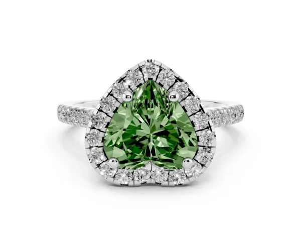 Fancy Green Heart Cut Diamond Cushion Halo Ring with Pavé Band White gold