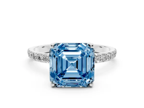 Fancy Blue Asscher Cut Diamond Solitaire Engagement Ring with Round Pavé Band and Prong Setting Platinum