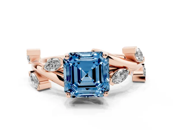 Fancy Blue Asscher Cut Solitaire Twisted Band Marquise Accent Prong Setting Ring Rose gold