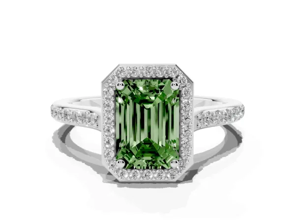 Fancy Green Emerald Cut Diamond Halo Engagement Ring with Round Pavé Shoulders and Prong Setting White gold