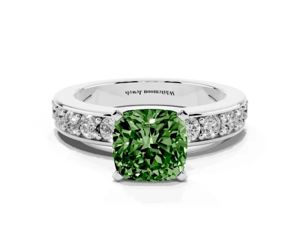 Fancy Green Cushion Cut Diamond Engagement Ring with Channel Set Round Band and Prong Setting Platinum