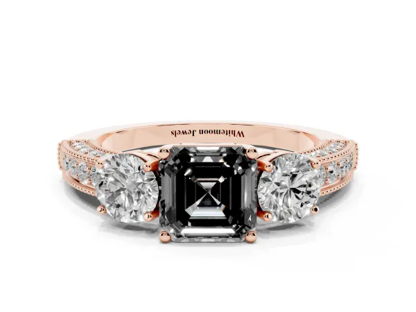 Fancy Black Asscher Cut Three-Stone Diamond Ring with Pavé Band and Four-Prong Setting Rose gold