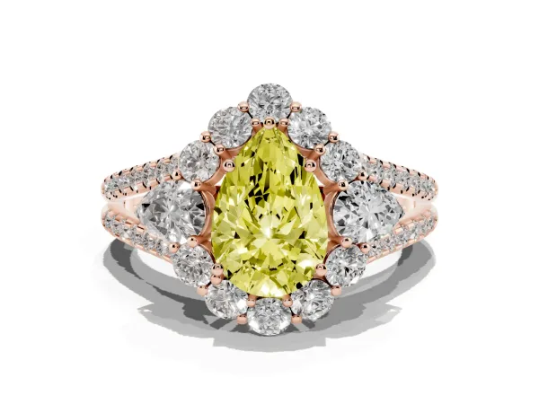 Fancy Yellow Pear Cut Halo Split Shank Diamond Engagement Ring with Prong Setting Rose gold