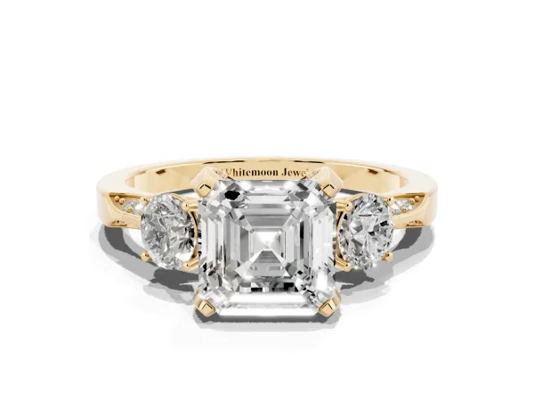 Asscher Cut Brilliant Three-Stone Diamond Ring with Pavé Band and Four-Prong Setting Yellow gold
