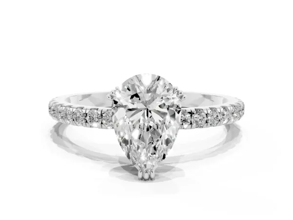 Pear Cut Brilliant Solitaire with Pavé Band and Claw Prong Setting White gold