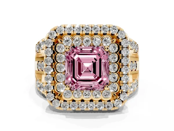 Fancy Pink Asscher Cut Diamond Double Halo Ring with Round Pavé Split Shank and Prong Setting Yellow gold