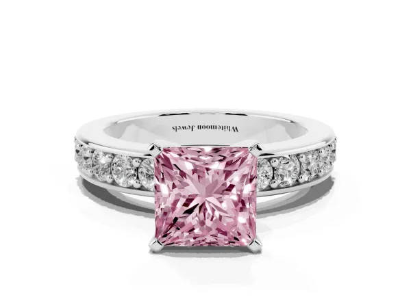 Fancy Pink Princess Cut Diamond Engagement Ring with Channel Set Round Band and Prong Setting White gold