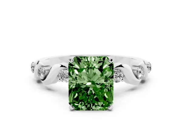 Fancy Green Radiant Cut Diamond Solitaire Twisted Band with Round Accents and Prong Setting Platinum
