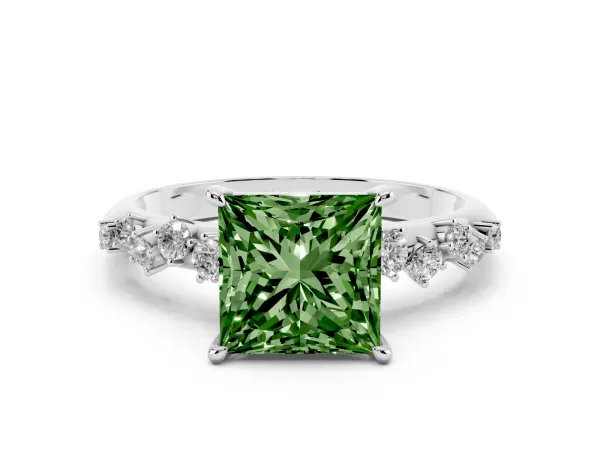 Fancy Green Princess Cut Diamond Cluster Side Stone Solitaire Ring with Prong Setting Platinum