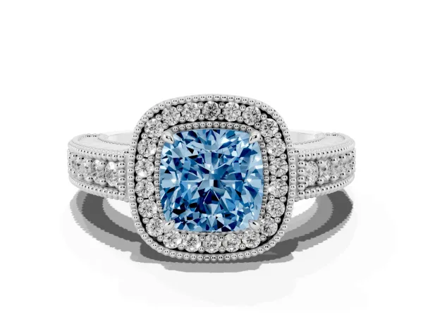 Fancy Blue Cushion Cut Cut Halo Diamond Ring with Pavé Band and Four-Prong Setting Platinum