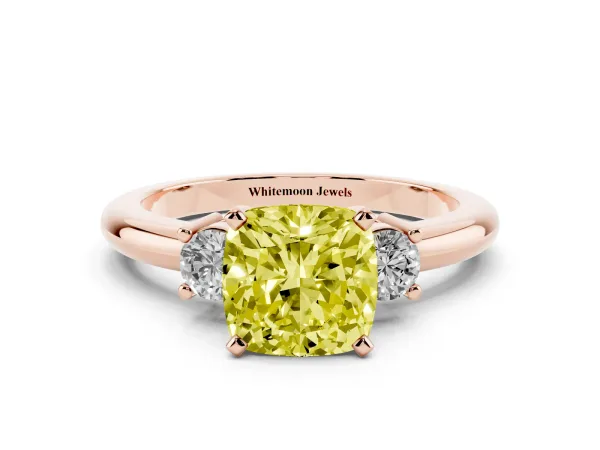 Fancy Yellow Three-Stone Cushion Cut Cut Diamond Solitaire with Prong Setting and Classic Band Rose gold