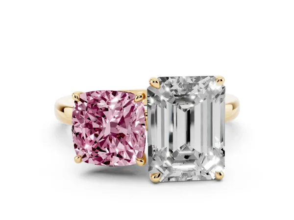 Fancy Pink Cushion Cut and Emerald Cut Toi Moi Ring with Prong Setting Yellow gold