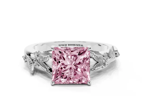 Fancy Pink Princess Cut Diamond Solitaire Ring with Leaf Motif Band and Four-Prong Setting White gold