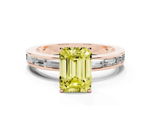 Fancy Yellow Emerald Cut Solitaire Diamond Ring with Channel-Set Baguette Band and Four-Prong Setting Rose gold