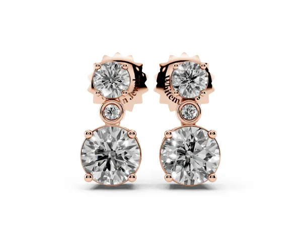 Round Diamond Two Stone Drop Earrings with Bezel Diamond Accent Rose gold