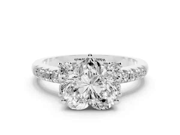 Heart Cut Diamond Three-Stone Pave Band with Four-Prong Setting White gold