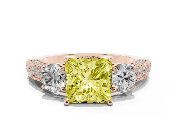 Fancy Yellow Princess Cut Three-Stone Diamond Ring with Pavé Band and Four-Prong Setting Rose gold