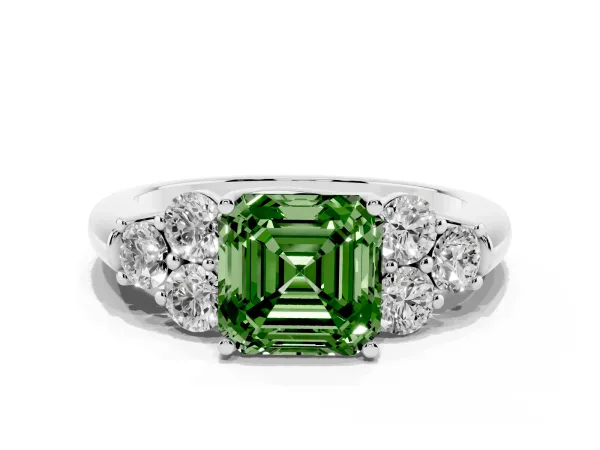 Fancy Green Asscher Cut Cut Diamond Cluster Ring with Round Accent Stones and Prong Setting on a Classic Band Platinum