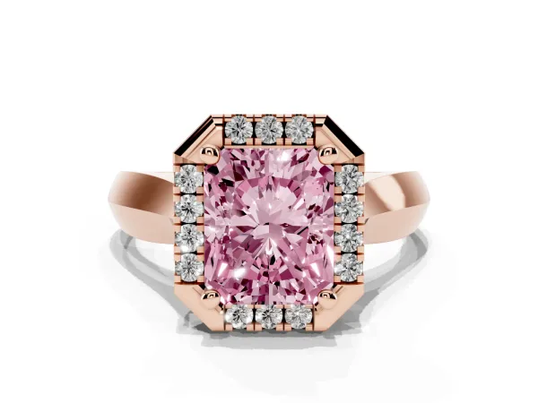 Fancy Pink Radiant Cut Cut Halo Solitaire Engagement Ring with Square Band and Four-Prong Setting Rose gold