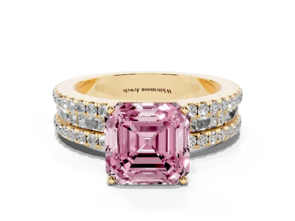Fancy Pink Asscher Cut Diamond Solitaire Ring with Pavé and Channel Set Band Yellow gold