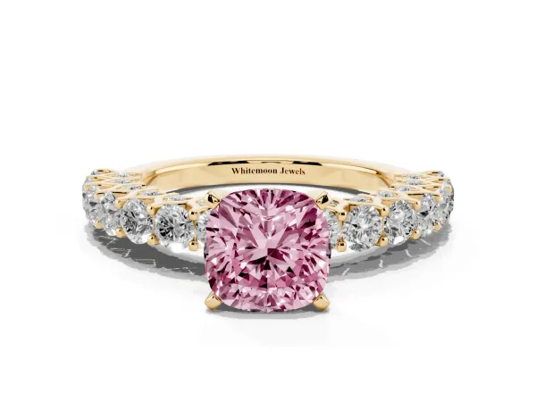 Fancy Pink Cushion Cut Diamond Solitaire Ring with Shared Prong Pavé Band and Four-Prong Setting Yellow gold