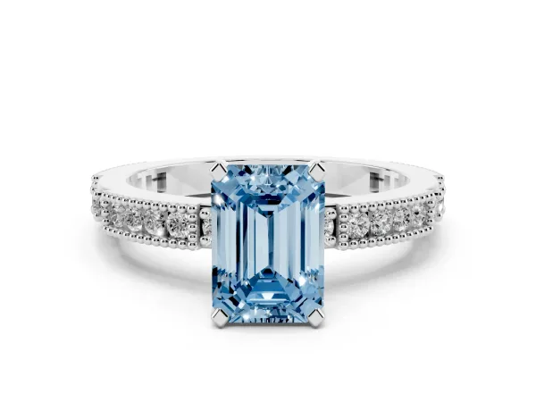 Fancy Blue Emerald Cut Solitaire with Pavé Band and Four-Prong Setting White gold