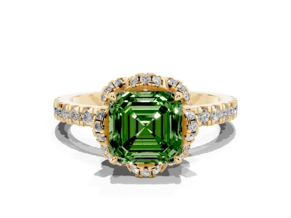 Fancy Green Asscher Cut Diamond Halo Pave Band with Four-Prong Setting Yellow gold