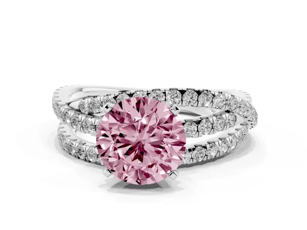 Fancy Pink Round Cut Solitaire Twist Band with Pavé Setting and Four-Prong Setting White gold