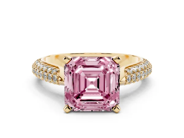 Fancy Pink Asscher Cut Diamond Solitaire Engagement Ring with Multi-Row Round Pavé Band and Prong Setting Yellow gold