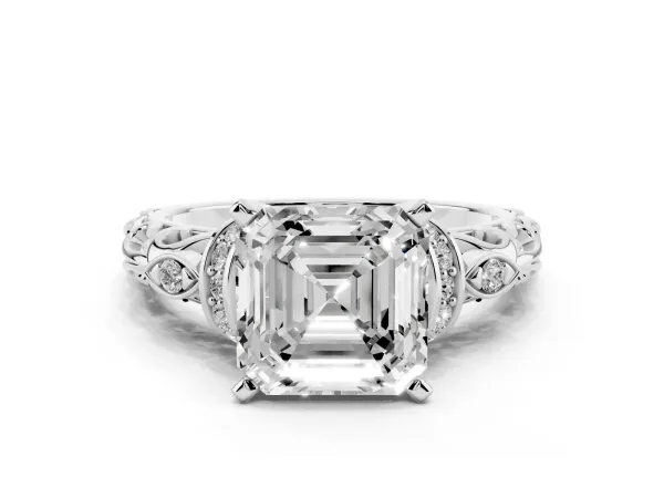 Asscher Cut Diamond Solitaire Ring with Filigree Band and Four-Prong Setting White gold