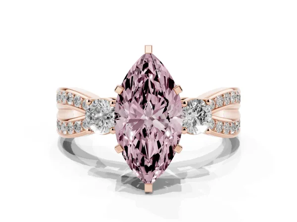Fancy Pink Three-Stone Marquise Cut Cut Diamond Twist Band with Prong Setting Rose gold