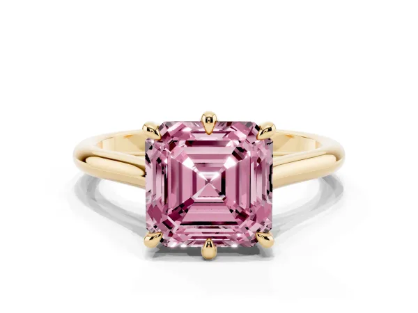 Fancy Pink Asscher Cut Solitaire Engagement Ring with Six-Prong Setting and Classic Band Yellow gold