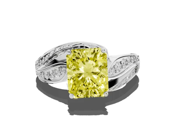 Fancy Yellow Radiant Cut Diamond Solitaire Ring with Prong Setting and Twisted Pavé Band White gold